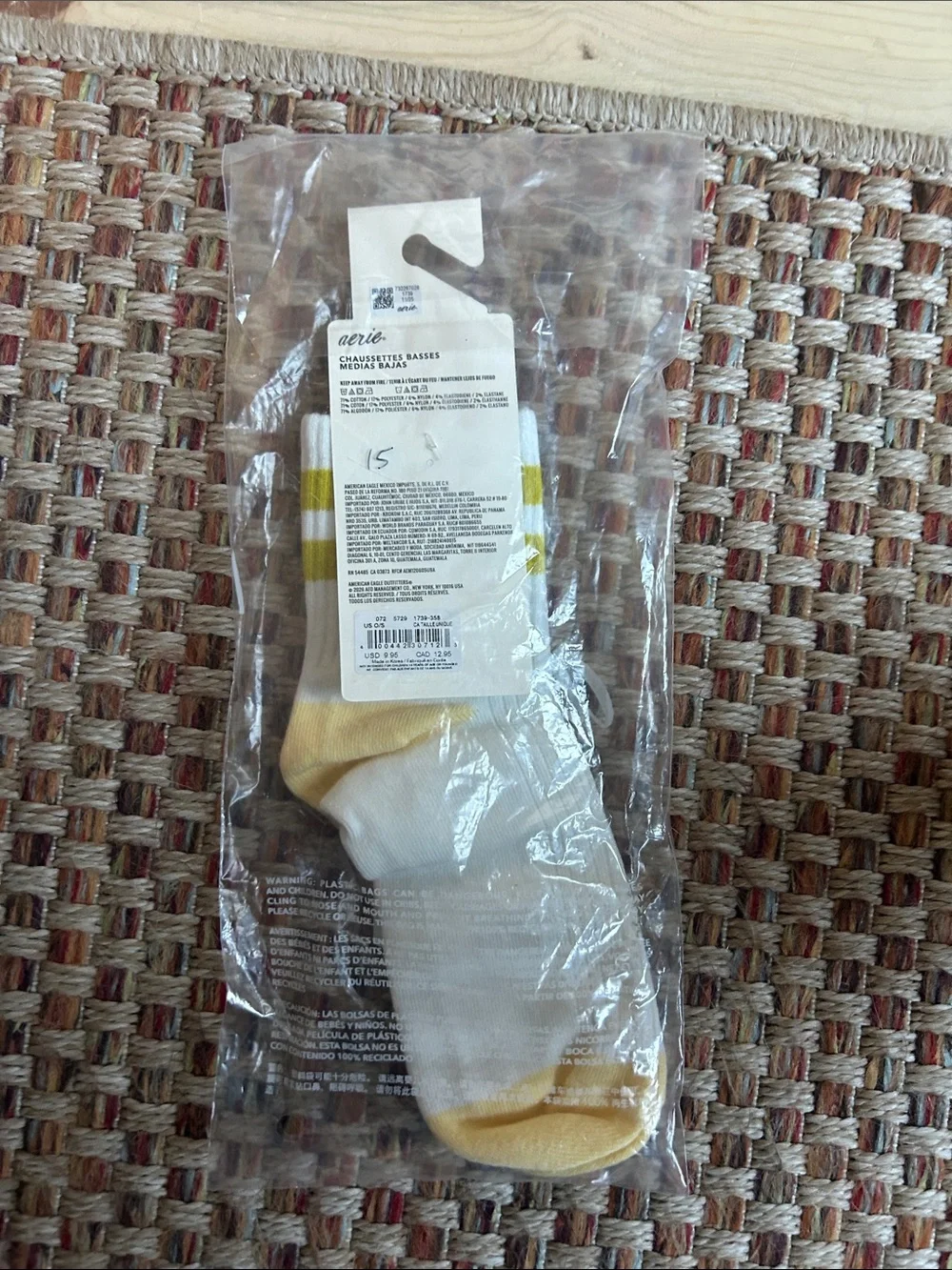 aerie White Quarter Socks with Yellow Stripes and Yellow Toe